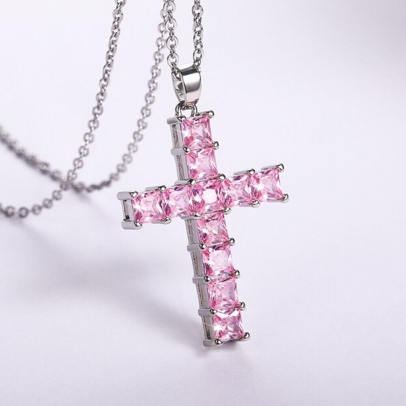 Jewelry - Silver & Pink Cross Necklace CZ Cubic Zircon Diamond Pendant,Jesus, Church,Bling